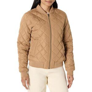 Women's Camel Quilted Bomber Jacket Coat Style Cool Weather Front Zipper Closure